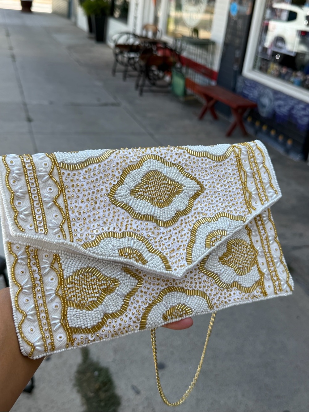 White & Gold Hand Beaded Envelope Clutch Crossbody Bag - Picture 5 of 13